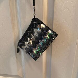 Black and Silver Quilted Clutch with Metallic Embellishments